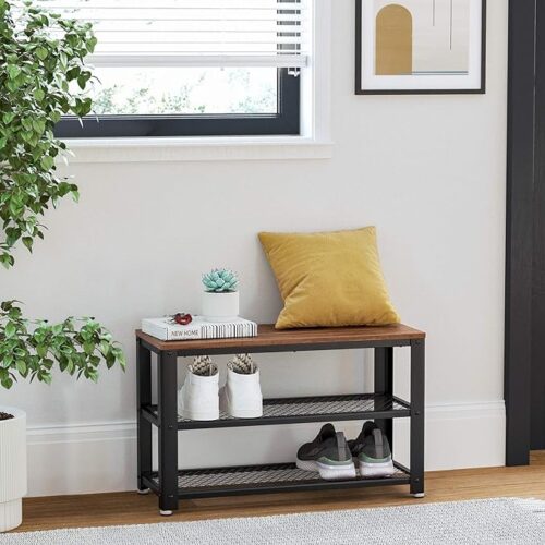 VASAGLE 3-Tier Shoe Rack - Free Standing Shoe Organizer with Metal Mesh Shelves and Seat, Hazelnut Brown and Black, 11.8 x 28.7 x 17.7 Inches, Stylish Entryway Storage Solution.