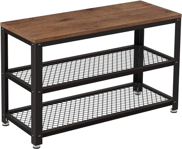 VASAGLE 3-Tier Shoe Rack - Free Standing Shoe Organizer with Metal Mesh Shelves and Seat, Hazelnut Brown and Black, 11.8 x 28.7 x 17.7 Inches, Stylish Entryway Storage Solution. 2