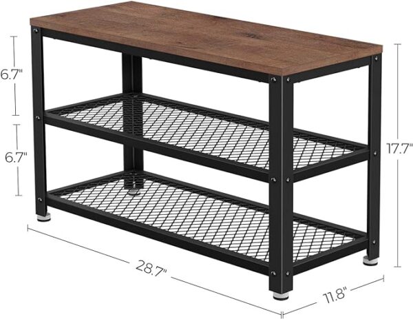 VASAGLE 3-Tier Shoe Rack - Free Standing Shoe Organizer with Metal Mesh Shelves and Seat, Hazelnut Brown and Black, 11.8 x 28.7 x 17.7 Inches, Stylish Entryway Storage Solution. 3