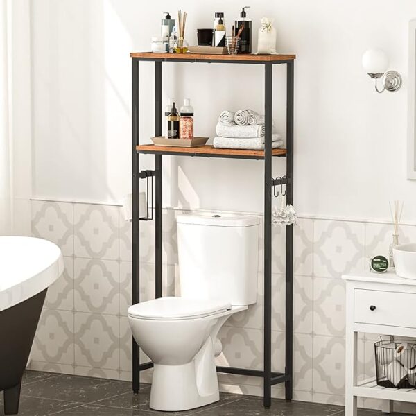 2-Tier Over The Toilet Storage - Bathroom Organizer Shelf with Toilet Paper Holder and Hooks - Sturdy and Durable Design - Rustic Brown and Black (BF49TS01) 2