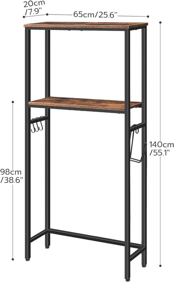 2-Tier Over The Toilet Storage - Bathroom Organizer Shelf with Toilet Paper Holder and Hooks - Sturdy and Durable Design - Rustic Brown and Black (BF49TS01) 3