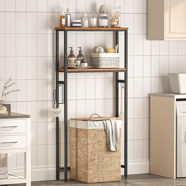2-Tier Over The Toilet Storage - Bathroom Organizer Shelf with Toilet Paper Holder and Hooks - Sturdy and Durable Design - Rustic Brown and Black (BF49TS01) 4