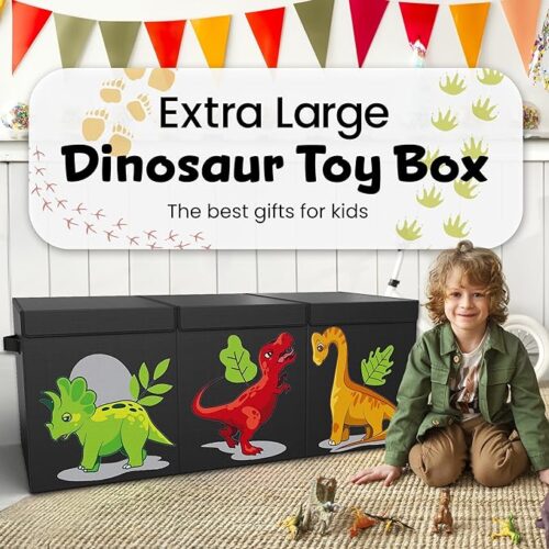 ADDFIT HOUSE Extra Large Dinosaur Toy Box - Collapsible Sturdy Storage Bins with Lids, Large Toy Chest Organizer for Boys and Girls, Ideal for Kids' Nursery Room, Playroom, and Closet in Trendy Black.