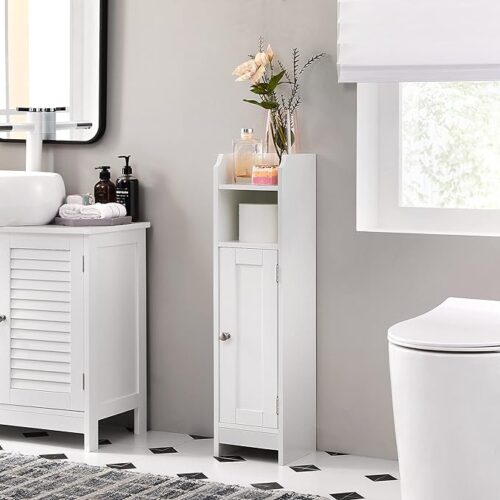VASAGLE Small Bathroom Storage Corner Floor Cabinet - White Narrow Cabinet with Door, Shelves, and Adjustable Storage, Ideal Bathroom Organizer for Toilet Paper, Compact and Stylish UBBC310W01.