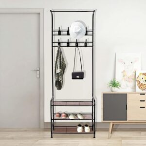 Bigzzia 3-in-1 Metal Hall Tree - Coat and Shoe Rack Entryway with 3-Tier Shelf, 16 Removable Hooks; Simple, Narrow, and Free-Standing Coat Racks for Clothes, Shoes, Hats, Bags, and Umbrellas in Stylish Black.