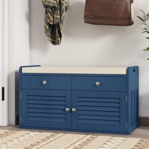 Blue Shoe Storage Bench with 2 Drawers, 2 Door Cabinet, and Cushioned Seat - Adjustable Shelves - Entryway and Hallway Shoe Rack Bench for Bedroom