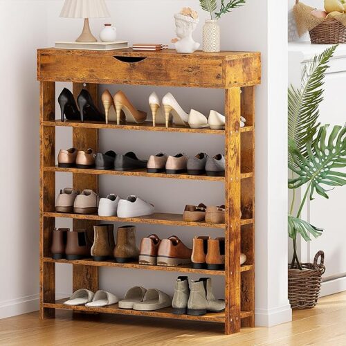 SogesPower 5-Tier Wooden Shoe Rack - Free Standing Shoe Organizer with Flip Top Shoe Storage Shelf, 29.5 inches, Rustic Brown, Stylish and Functional Shoe Storage Solution.