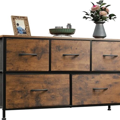 WLIVE Rustic Brown Wood Grain Dresser with 5 Drawers - Wide Chest of Drawers, Fabric Dresser, Storage Organizer Unit for Bedroom, Closet, Living Room, Hallway
