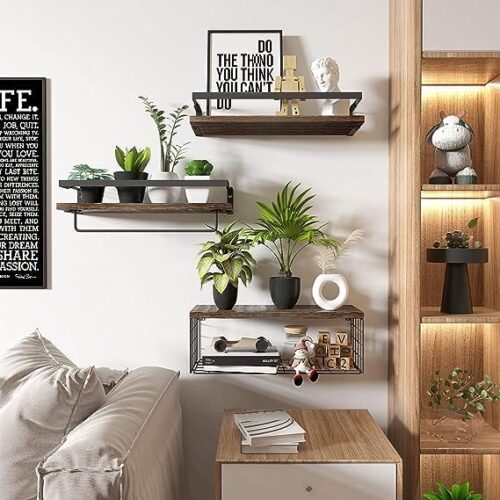 suenaxe Wall Mounted Bathroom Shelves - 3 Tier Rustic Wood Shelves with Storage Basket, Towel Bar, and Over Toilet Storage Shelf. Ideal Wall Decor for Bedroom, Living Room, and Kitchen, Stylish Storage Solution.