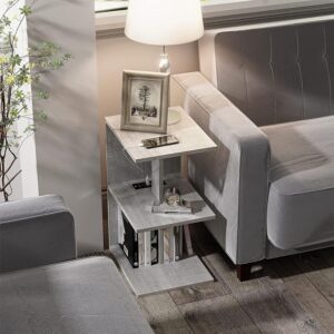 FROMJBEST Nightstand with Charging Station - 3 Tier Narrow End Table with USB Ports and Outlets for Small Spaces, Sofa Bedside Tables with Pulleys, Ideal for Living Room, Bedroom in Stylish Grey Finish.