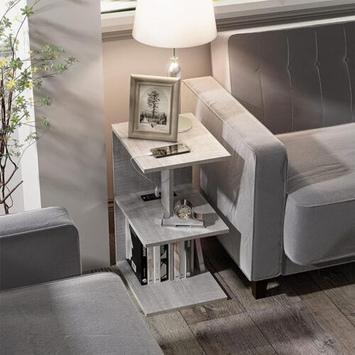FROMJBEST Nightstand with Charging Station - 3 Tier Narrow End Table with USB Ports and Outlets for Small Spaces, Sofa Bedside Tables with Pulleys, Ideal for Living Room, Bedroom in Stylish Grey Finish.