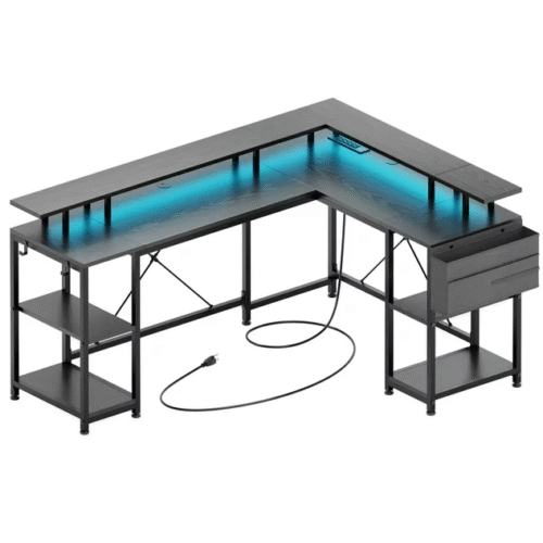 GIKPAL 95” L-Shaped Computer Desk - Gaming Desk with LED Light, Power Outlet, Monitor Stand, Storage Shelf, and Storage Bag. Home Office Corner Desk in Sleek Black Design.