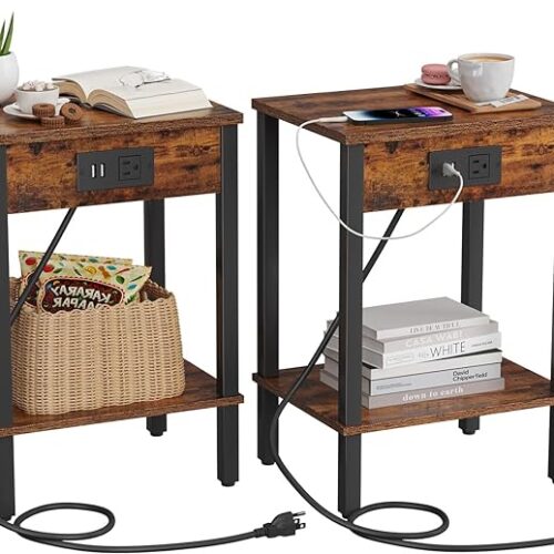 Set of 2 Narrow End Tables with Charging Station - Side Tables with USB Ports and Outlets, Nightstands Featuring 2-Tier Storage Shelves - Ideal Sofa Table for Small Space Living Room and Bedroom