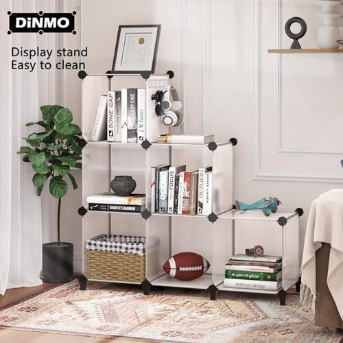 DINMO 6 Cubes Storage Organizer - Bookcase, Display Shelf with Wooden Mallet, Cabinet Storage for Kids, Adults, Office, Bedroom, and Bathroom in Elegant White.