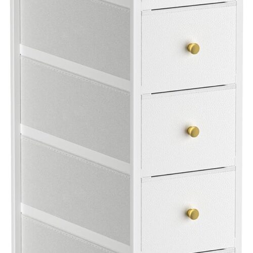 Narrow Storage Tower Dresser with 5 Drawers - Slim Chest of Drawers with Steel Frame, Wood Top, Golden Knobs - White Dresser for Bedroom, Bathroom, Small Spaces, Laundry, Closet