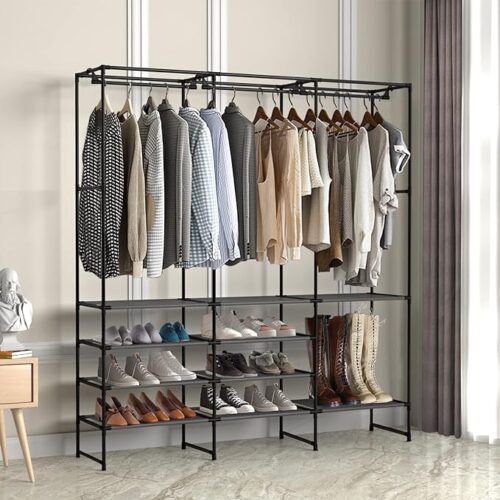 Kertnic 4-Tier Shoe and Boots Rack Storage Organizer for Entryway - Free Standing Black Shoe Shelf Stand with Coat Hanging Garment Rack, Versatile Upgrade for Bedroom Organization.