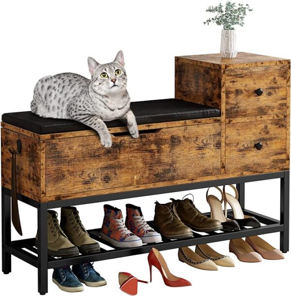 IRONCK Entryway Bench - Shoe Storage Bench with Flip Top Box, 2 Drawers, Removable Seat Cushion, and Shoehorn for Entryway/Hallway in Vintage Brown (39.4in). Stylish and Functional Furniture. 2