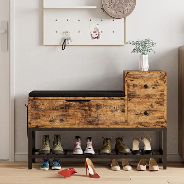IRONCK Entryway Bench - Shoe Storage Bench with Flip Top Box, 2 Drawers, Removable Seat Cushion, and Shoehorn for Entryway/Hallway in Vintage Brown (39.4in). Stylish and Functional Furniture. 1