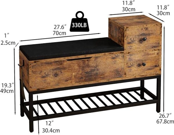 IRONCK Entryway Bench - Shoe Storage Bench with Flip Top Box, 2 Drawers, Removable Seat Cushion, and Shoehorn for Entryway/Hallway in Vintage Brown (39.4in). Stylish and Functional Furniture. 3