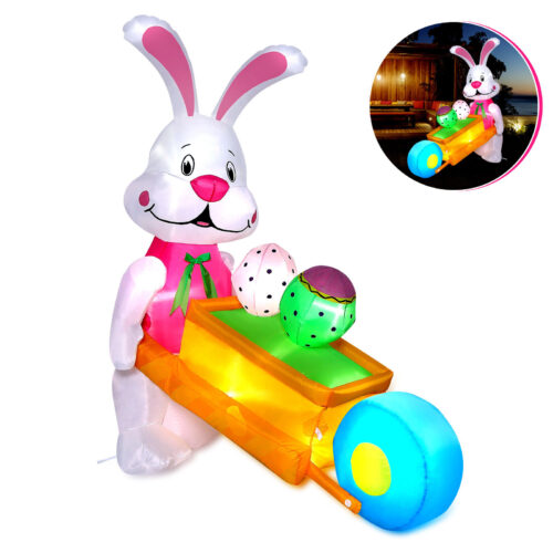 Inflatable Easter Bunny 5.9FT LED Pushing Wheelbarrow Eggs Outdoor Garden Decor