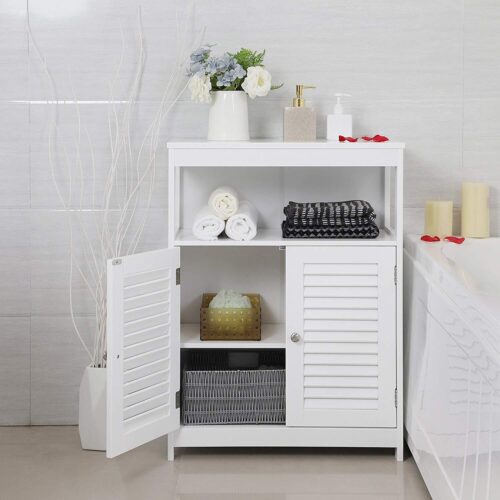 s-l1600 Wooden Double Door Floor Cabinet Bathroom Storage Organizer Unit with Shelves