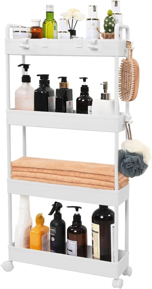 AROGAN Slim Rolling Storage Cart with Wheels - 4 Tier Organizer, Rolling Utility Cart for Kitchen, Bathroom, Laundry Room, Office - Space-Saving Design for Narrow Spaces - White 1