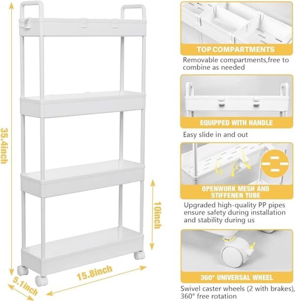 AROGAN Slim Rolling Storage Cart with Wheels - 4 Tier Organizer, Rolling Utility Cart for Kitchen, Bathroom, Laundry Room, Office - Space-Saving Design for Narrow Spaces - White 2