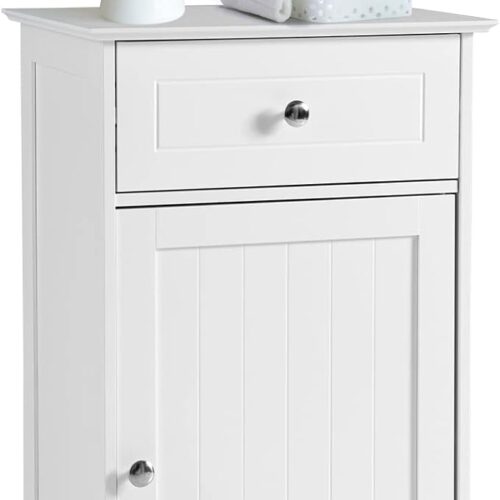 COSTWAY Wooden Freestanding Bathroom Storage Cabinet - Deep Drawers & Adjustable Shelf - Single Door Floor Cabinet for Living Room, Bathroom, Kitchen, Entryway - White