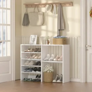 HAIOOU Adjustable Shoe Cabinet - Wooden Shoe Rack for Entryway Closet, Free Standing Shoe Organizer with 5 Adjustable Shelves for 10-15 Pairs of Sneakers and High Heels. Dimensions: 27.5 x 11.8 x 35.43 inches, White