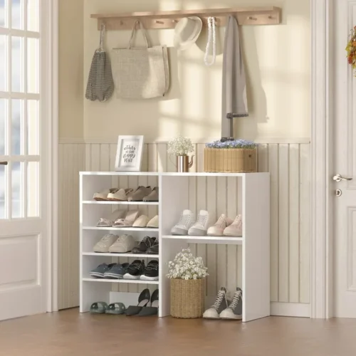 HAIOOU Adjustable Shoe Cabinet - Wooden Shoe Rack for Entryway Closet, Free Standing Shoe Organizer with 5 Adjustable Shelves for 10-15 Pairs of Sneakers and High Heels. Dimensions: 27.5 x 11.8 x 35.43 inches, White