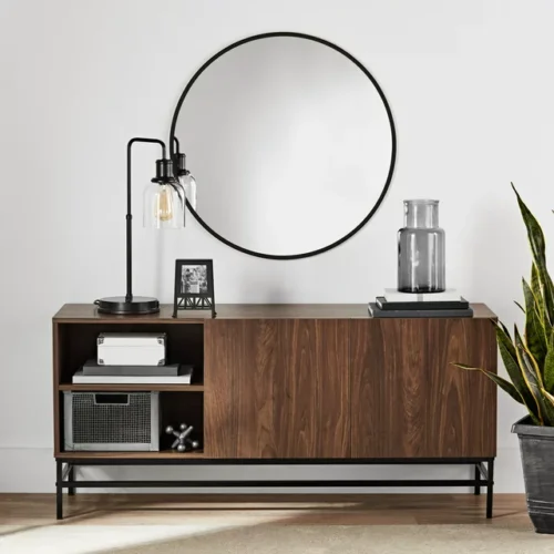 Mainstays Sumpter Park Console Table with Metal Base - Canyon Walnut. Stylish and Functional Furniture for Your Living Space