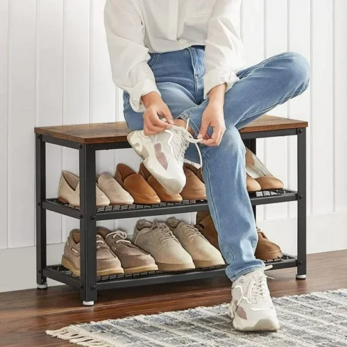 VASAGLE 28.7" Shoe Rack Bench - 3-Tier Shoe Shelf Storage Bench with Metal Mesh Shelves and Seat in Brown. Stylish and Practical Shoe Rack for Your Entryway.
