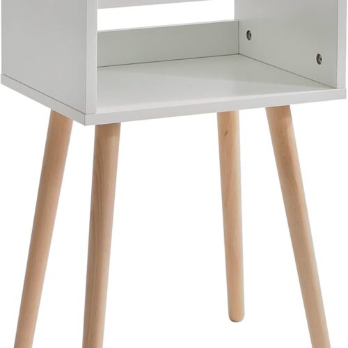IBUYKE Mid-Century Modern Nightstand - Bedside Table with Solid Wood Legs, Open Storage Shelf, Easy Assembly, White