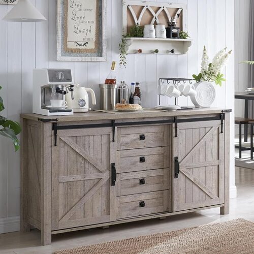 T4TREAM Farmhouse Sideboard Buffet Cabinet with Storage - 60" Large Kitchen Cabinet with Sliding Barn Doors and 4 Drawers, 31.2'' Tall Rustic Wood Coffee Bar Table for Dining Room - Light Rustic Oak