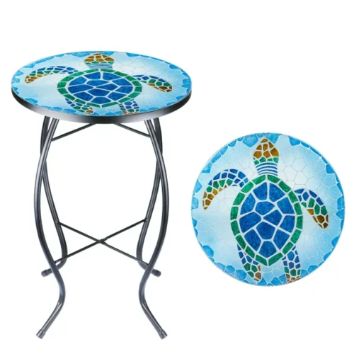 Wonder Garden 21-Inch Round Outdoor End Table - Mosaic Glass Tabletop Coffee Table for Patio, Small Porch, Indoor - Green and Blue Sea Turtle Design