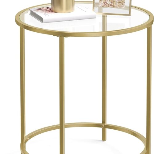 VASAGLE Round Side Table - Glass End Table with Metal Frame, Gold Coffee Table with Modern Style for Living Room, Balcony, Bedroom - Gold Color