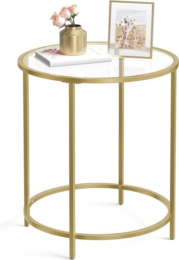 VASAGLE Round Side Table - Glass End Table with Metal Frame, Gold Coffee Table with Modern Style for Living Room, Balcony, Bedroom - Gold Color 1