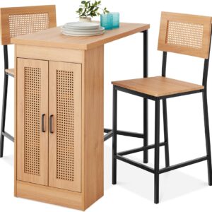 Best Choice Products 3-Piece Rattan Dining Set - Counter Height Boho Kitchen Table for 2 with Adjustable Storage Shelves, Cabinet Doors, Metal Frames - Dining Room Essentials