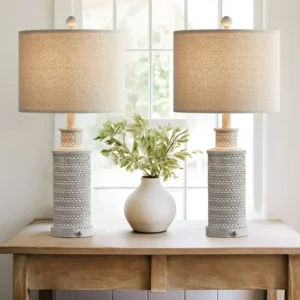 Oneach Set of 2 3-Way Dimmable Table Lamps with USB Ports - 24.5" Vintage Rustic Farmhouse Touch Control Nightstand Bedside Lamps made of Resin (Bulbs Included), Ideal for Bedroom or Living Room