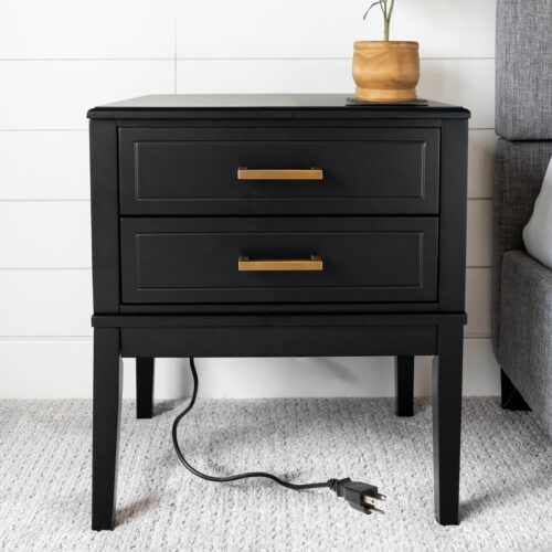 Mid Century Modern 2-Drawer Side Table with Charging Station - Polished Gold Handles, 2 USB Ports & 2 Outlets - Multifunctional Smart Bedside Table Nightstand for Your Home Decor - 24" Tall (Black)