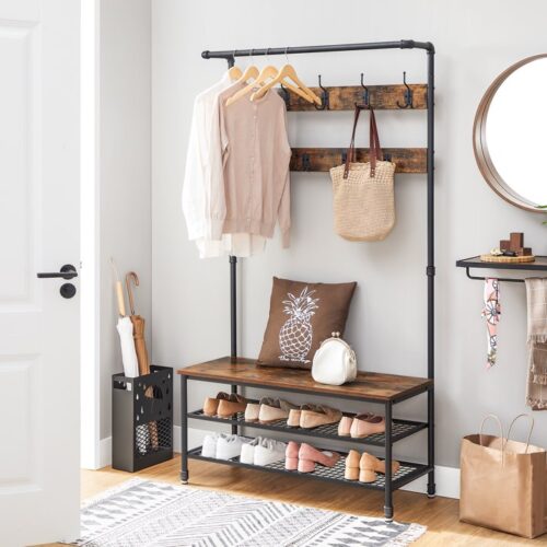 VASAGLE 3-in-1 Entryway Coat Rack and Storage Bench - Multifunctional Hall Tree with 9 Hooks and Sturdy Steel Frame