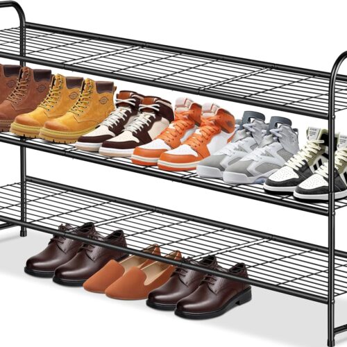 KEETDY 3-Tier Long Shoe Rack for Closet - Metal Shoe Organizer for Entryway, Wide Stackable Shoe Storage Shelf with Sturdy Wire Grid for Closet Floor, Bedroom - Black