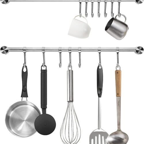 Kitchen Utensil Rack 2 Pack - 15.6 Inch Wall Mounted Hanging Rack for Pots and Pans, Made of 304 Stainless Steel with 7 Sliding Hooks for Spatulas, Spoons, Measuring Cups, and Coffee Mugs