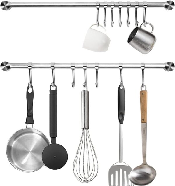 Kitchen Utensil Rack 2 Pack - 15.6 Inch Wall Mounted Hanging Rack for Pots and Pans, Made of 304 Stainless Steel with 7 Sliding Hooks for Spatulas, Spoons, Measuring Cups, and Coffee Mugs 1