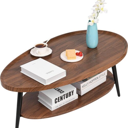 2-Tier Water-Shaped Wood Coffee Table - Mid Century Oval Design, Rustic Farmhouse Style for Living Room, Bedroom - 40" Brown Center Table