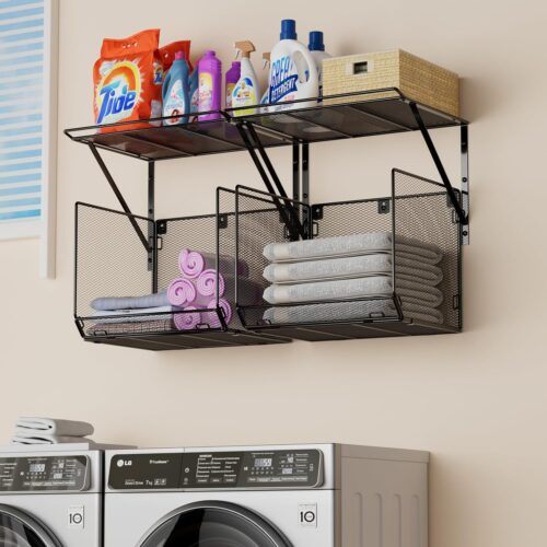 2 Pack Laundry Room Shelves Organization and Storage - Wall Mounted Clothes Drying Rack with Wire Mesh Basket Over Washer and Dryer, Large Capacity Floating Wall Shelf for Bathroom, Kitchen, Storeroom
