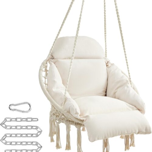 Hanging Chair with Large, Thick Cushion - Boho Swing Chair for Bedroom, Patio, Balcony, Garden, Living Room - Holds up to 264 lb, Cloud White