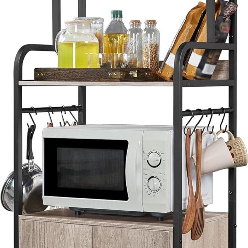 Topeakmart 4-Tier Kitchen Baker's Rack with Storage Shelves - Microwave Stand with Cabinet and 8 Hooks, 59'' Height Utility Shelf for Spices, Pots, Pans, and Coffee Station Organization