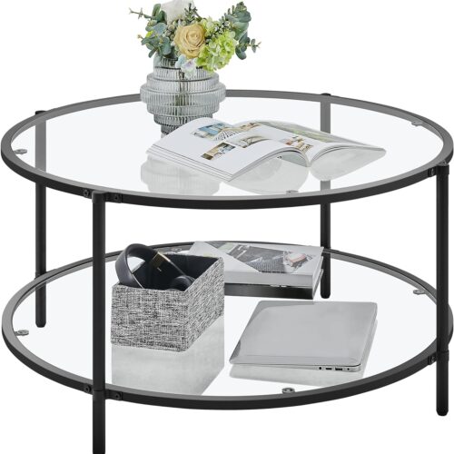 Yaheetech Glass Top Coffee Table - 2 Tier Round Center Table with Storage Shelf, 36" Modern Design for Living Room, Apartment, Office, Home - Black Finish