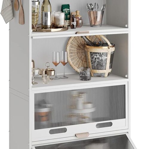NETEL Kitchen Bakers Rack - 5-Tier Microwave Storage Rack with 4 Hooks, Kitchen Storage Shelf for Spices, Pots, and Pans, Equipped with Brakeable Casters for Easy Mobility - White